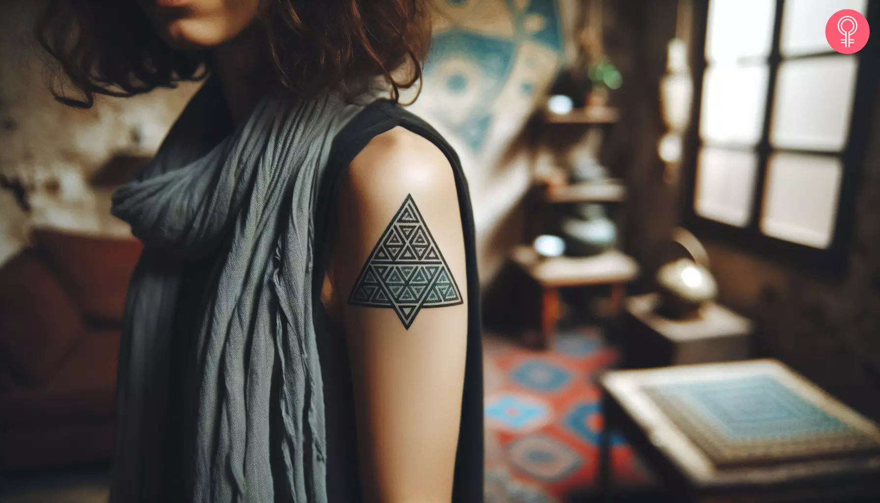 A woman with a geometric triangle tattoo on her upper arm