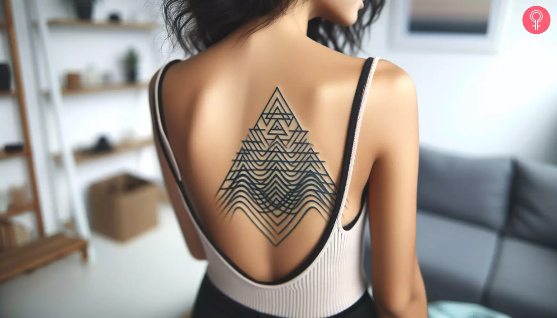 A woman with a geometric triangle wave tattoo on her back