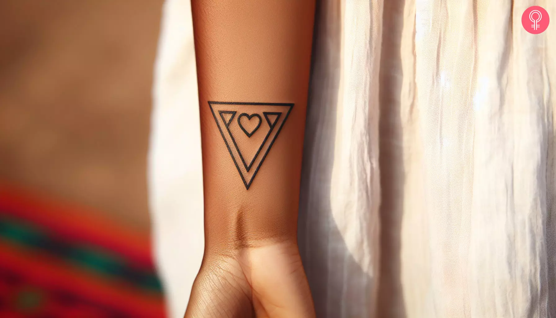 A woman with a heart and triangle tattoo on her wrist