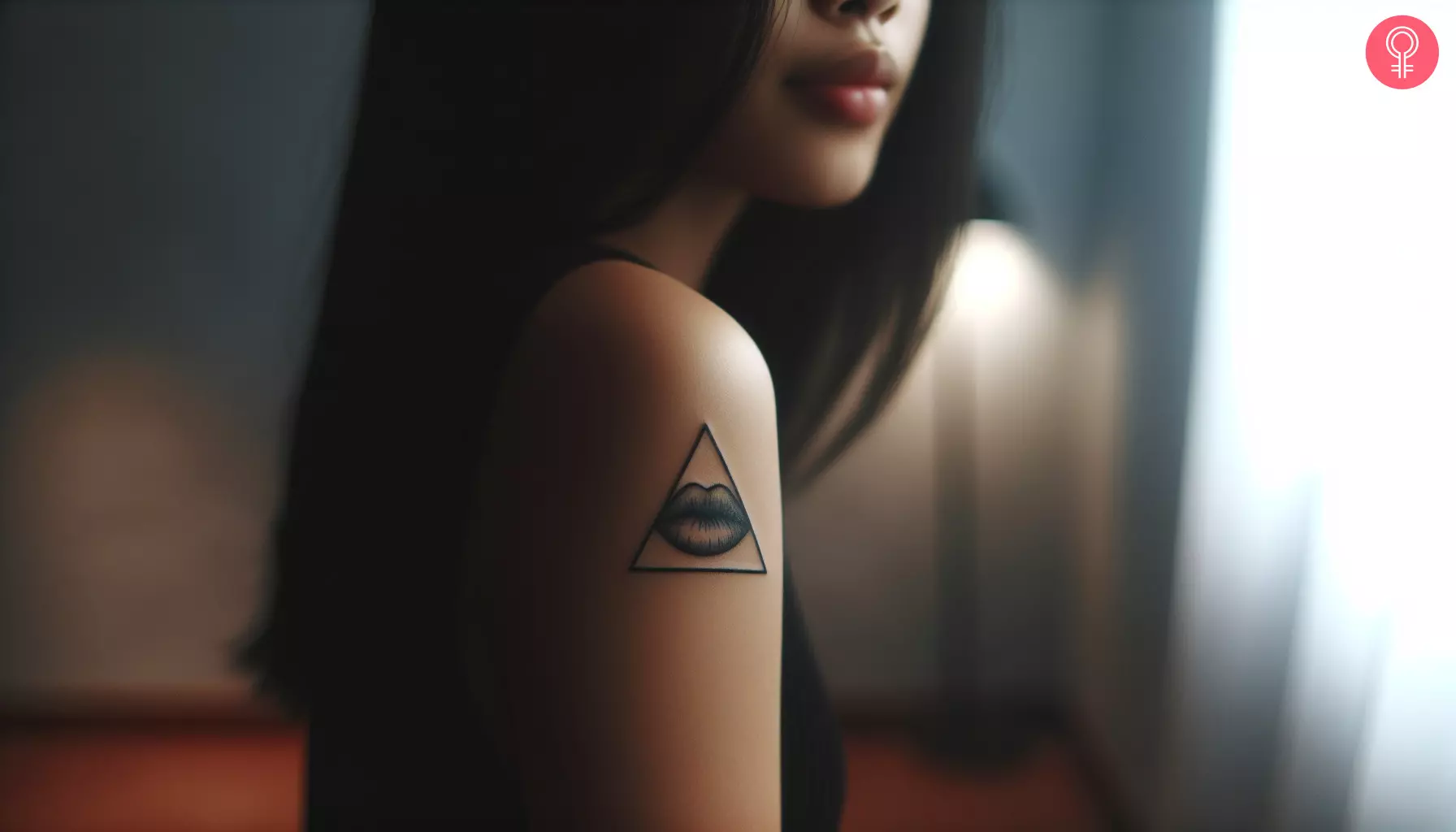 A woman with a lips triangle tattoo on her upper arm