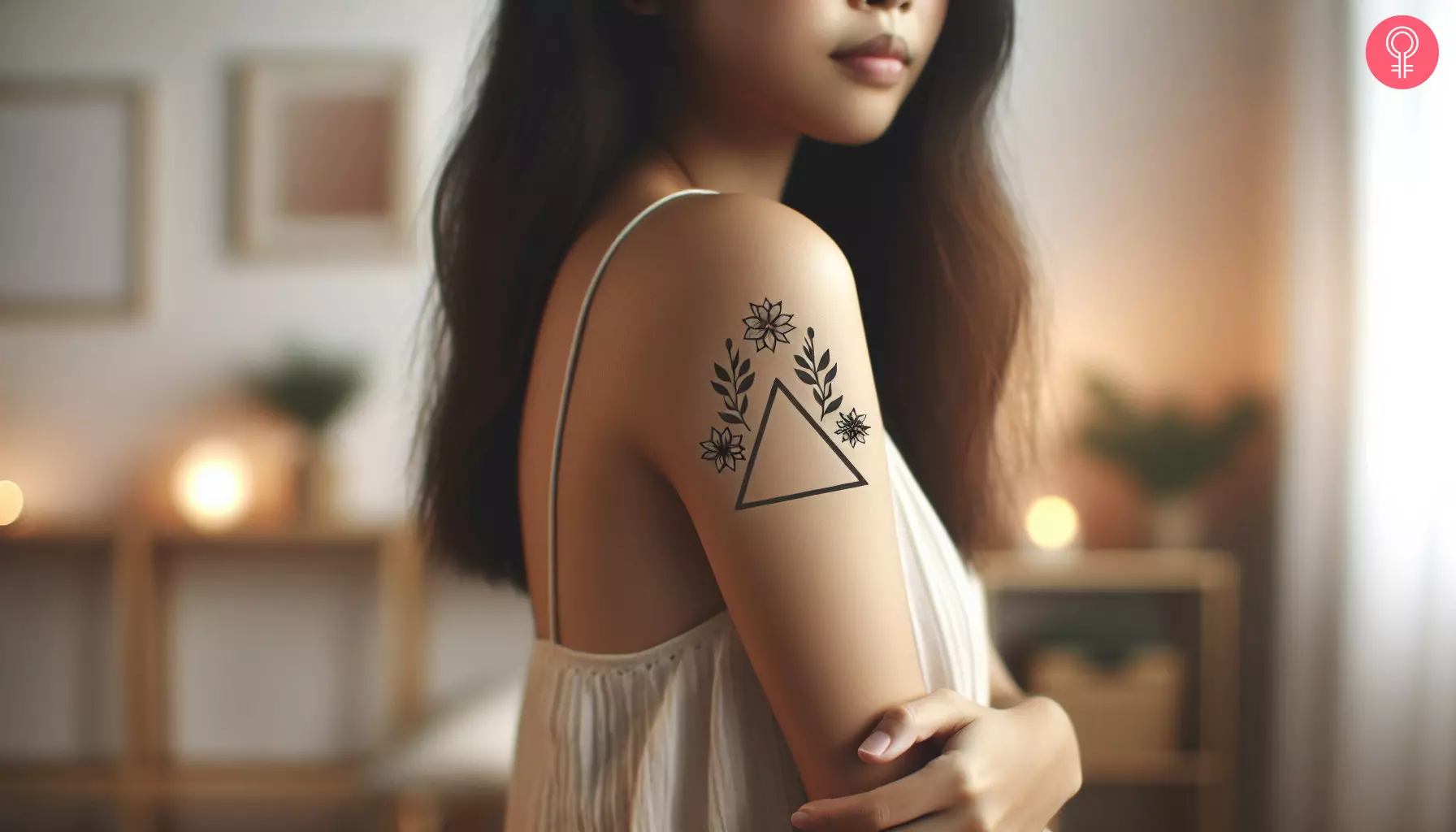 A woman with a negative space triangle flower tattoo on her upper arm