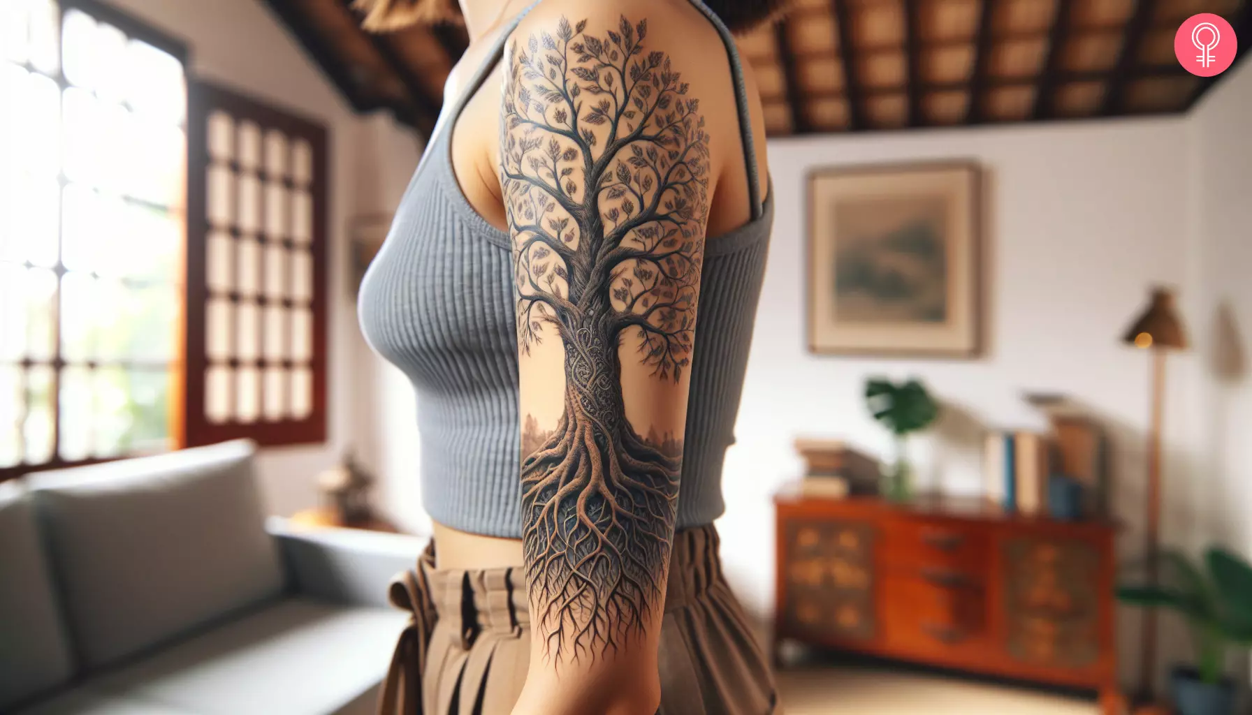 A woman with a realistic tree of life tattoo design on her arm