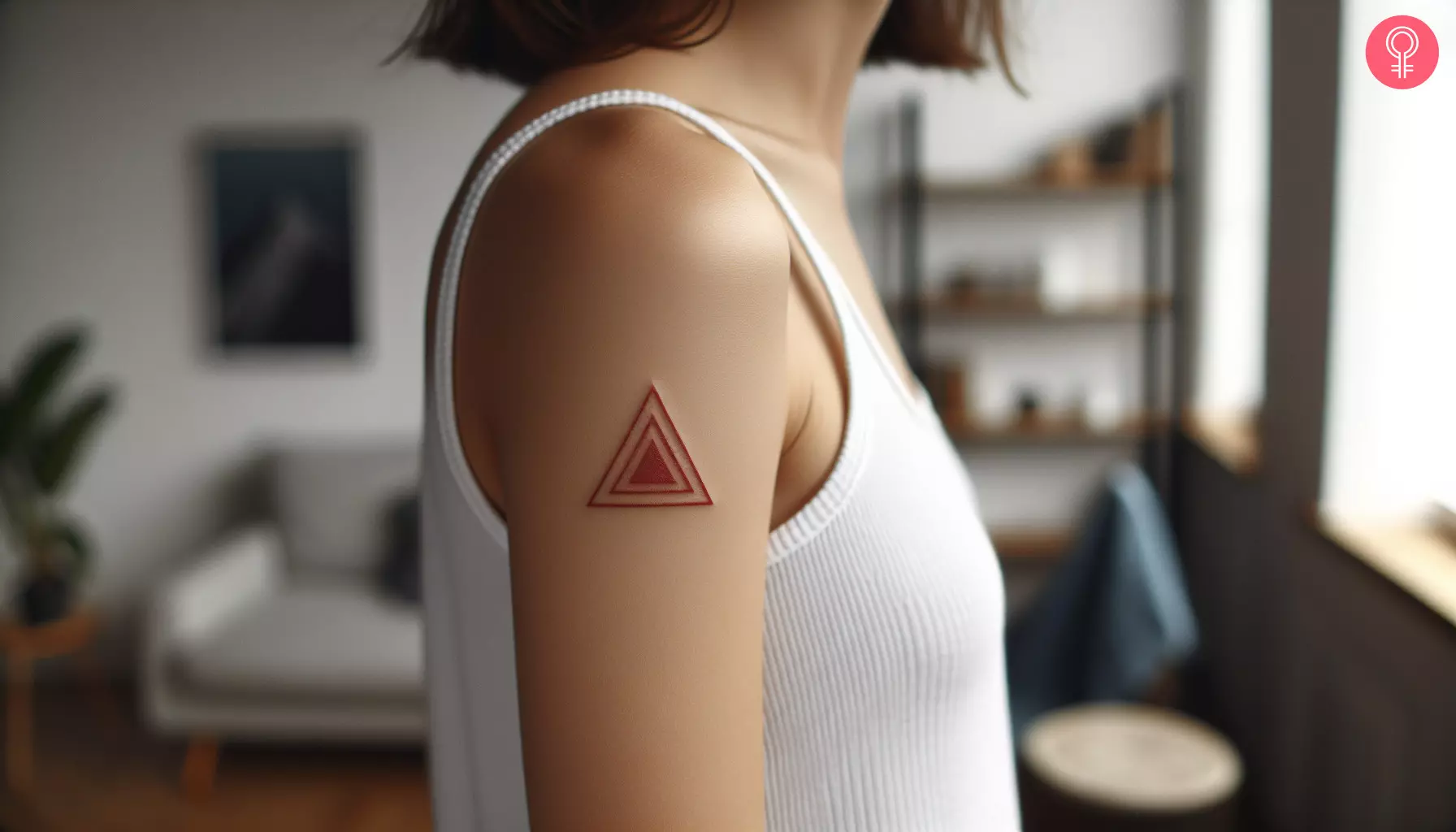 A woman with a red triangle tattoo on her upper arm