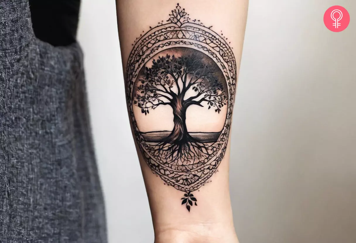 A woman with a tree of life tattoo design on her forearm