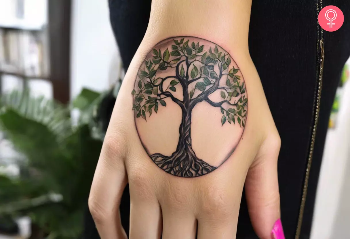 A woman with a tree of life tattoo design on her hand