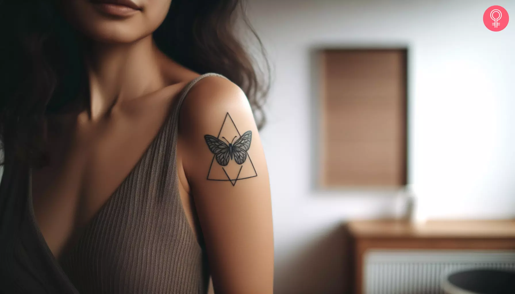 A woman with a triangle butterfly tattoo on her upper arm