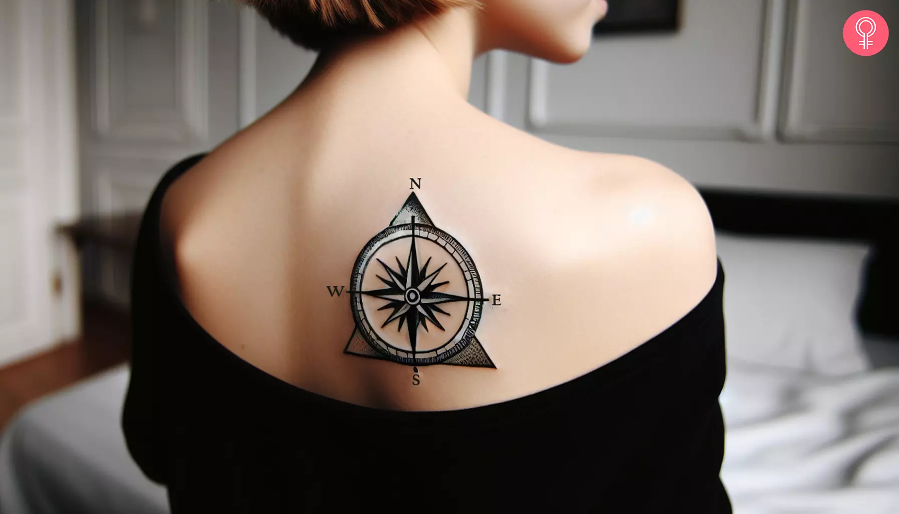 A woman with a triangle compass tattoo on her upper back