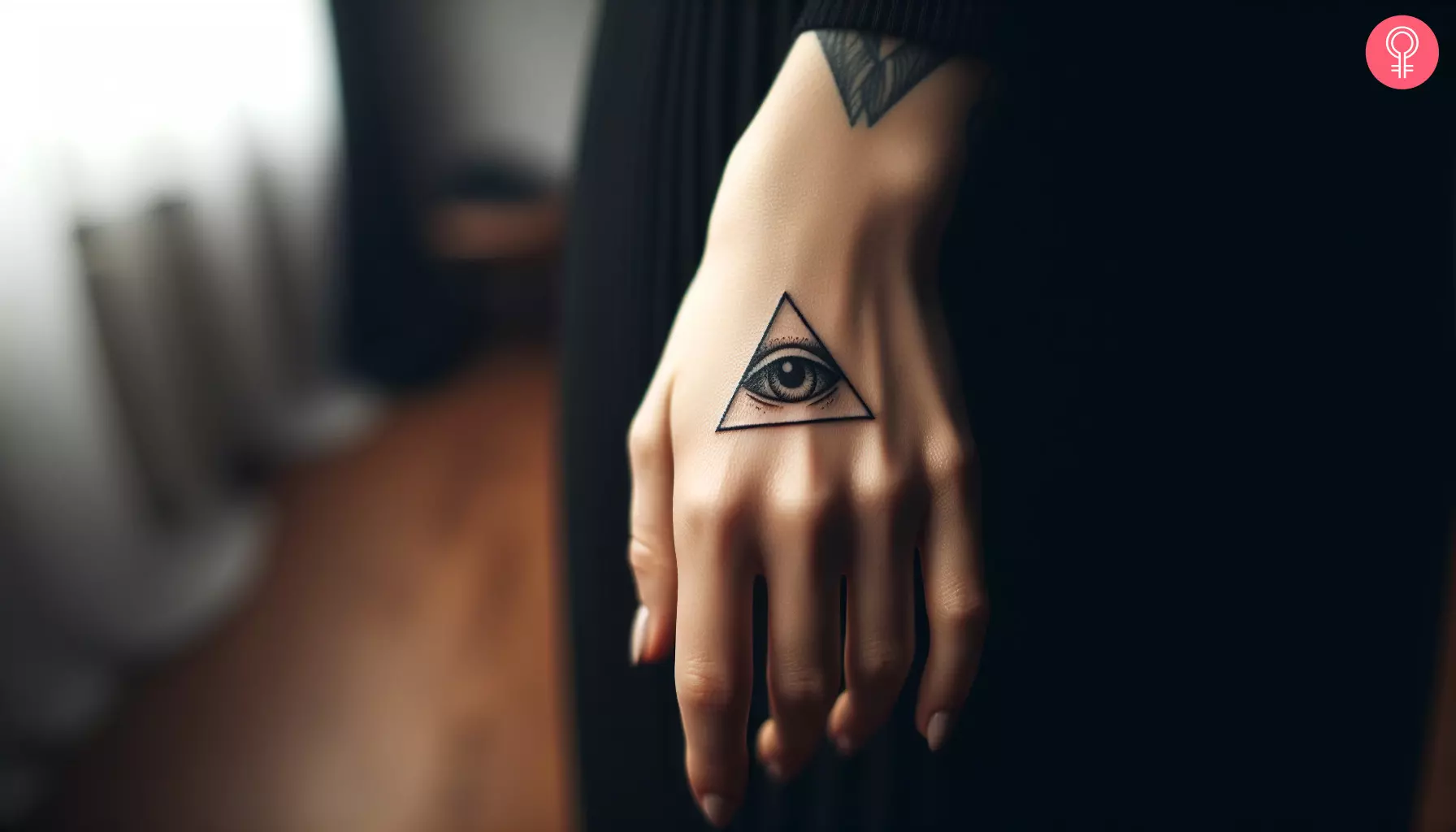 A woman with a triangle eye tattoo on her hand