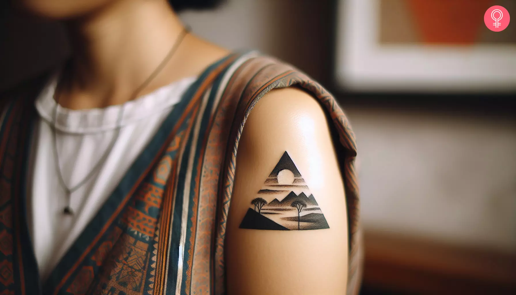 A woman with a triangle landscape tattoo on her upper arm