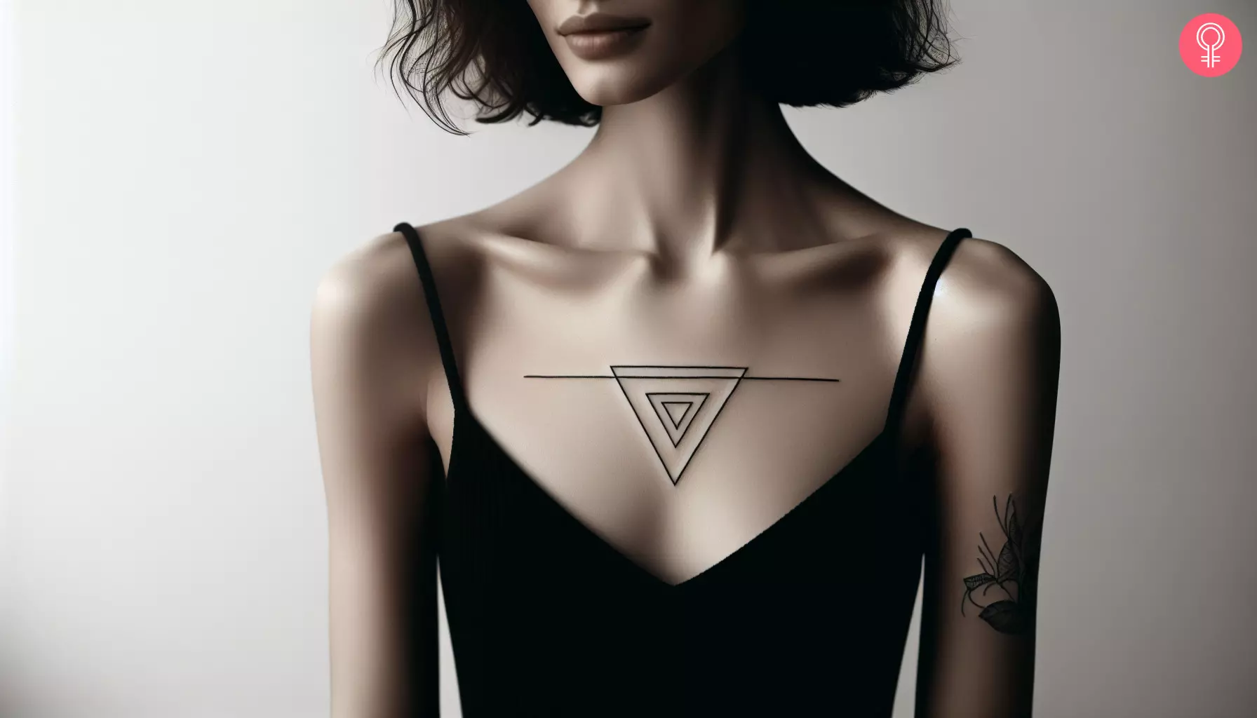 A woman with a triangle line tattoo on her upper chest