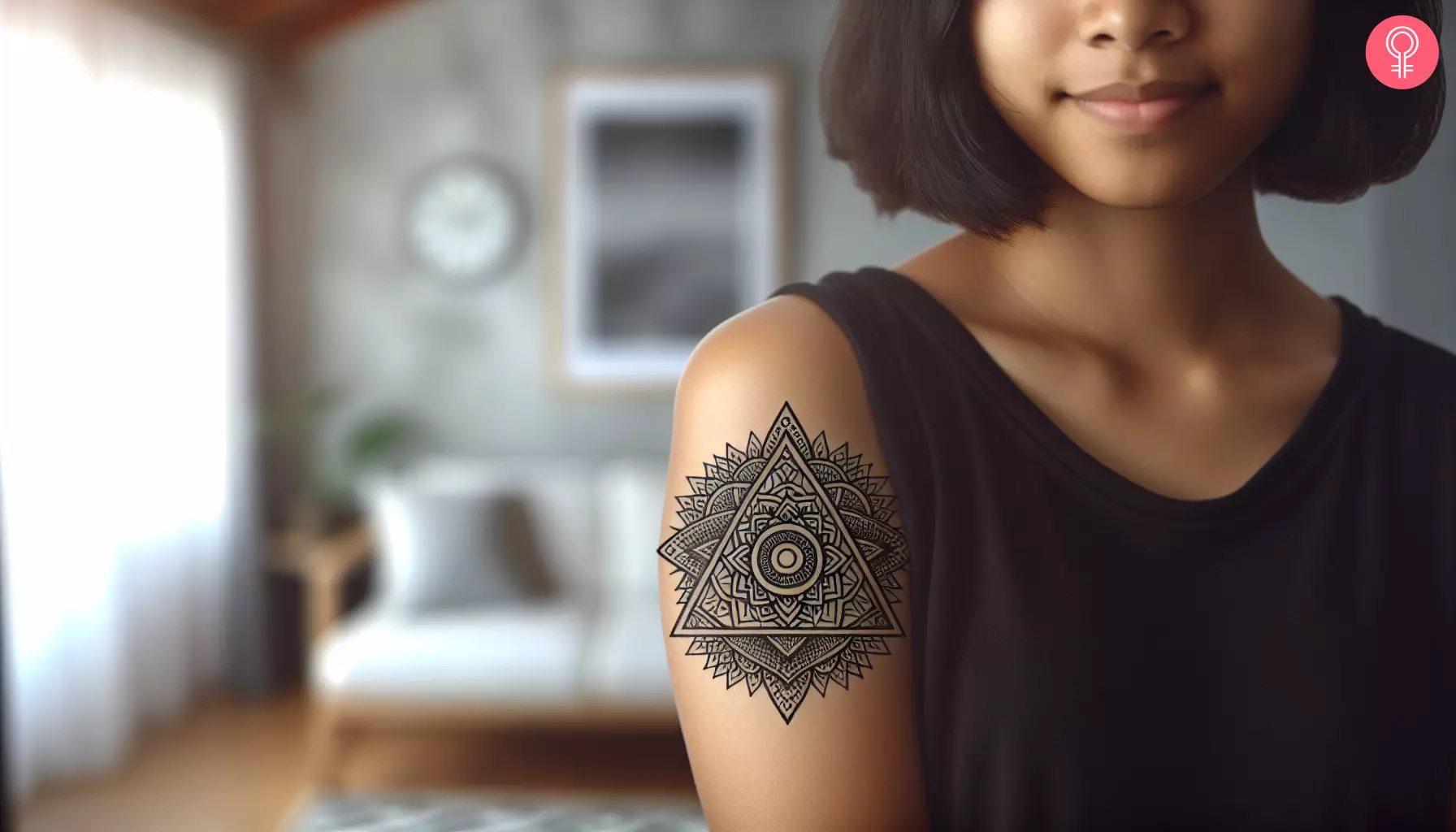 A woman with a triangle mandala tattoo on her upper arm