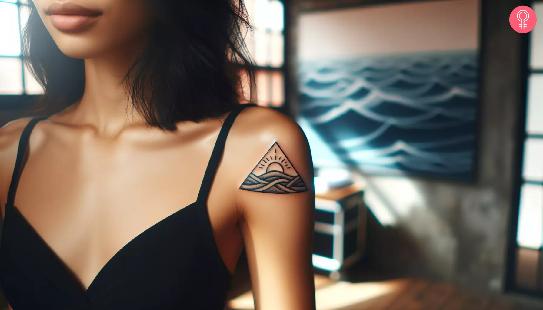 A woman with a triangle ocean tattoo on her shoulder