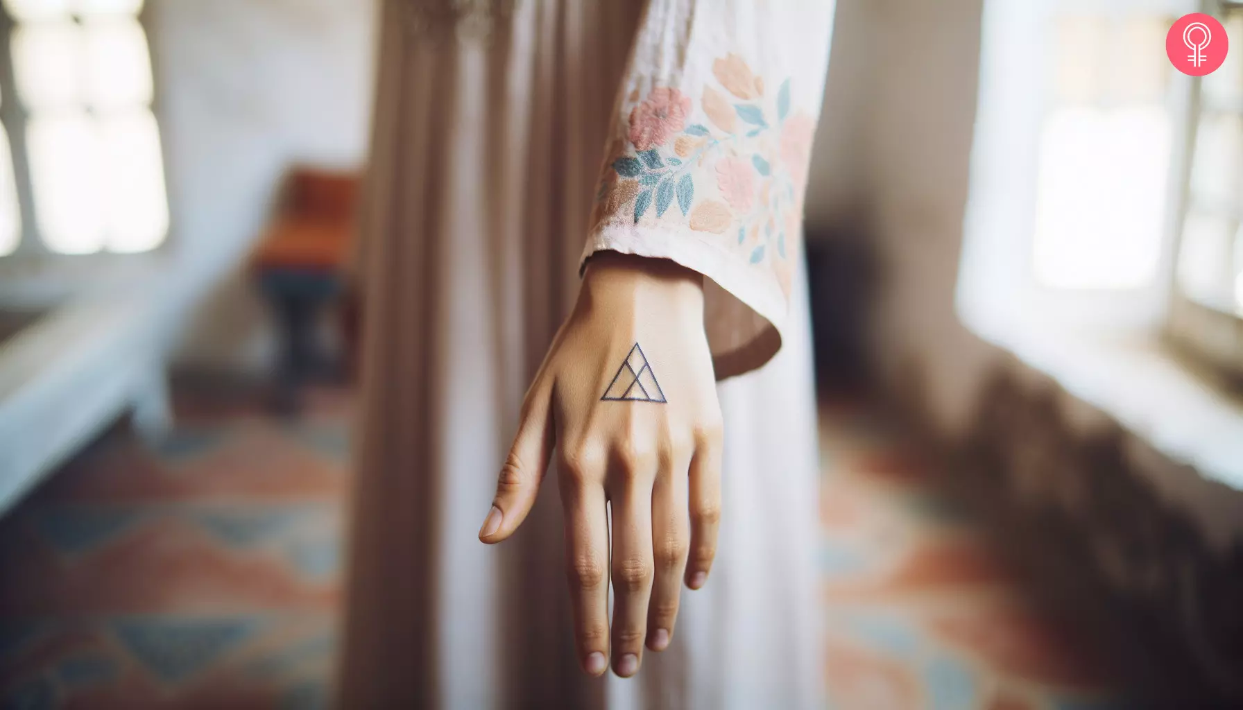 A woman with a triangle tattoo on her hand
