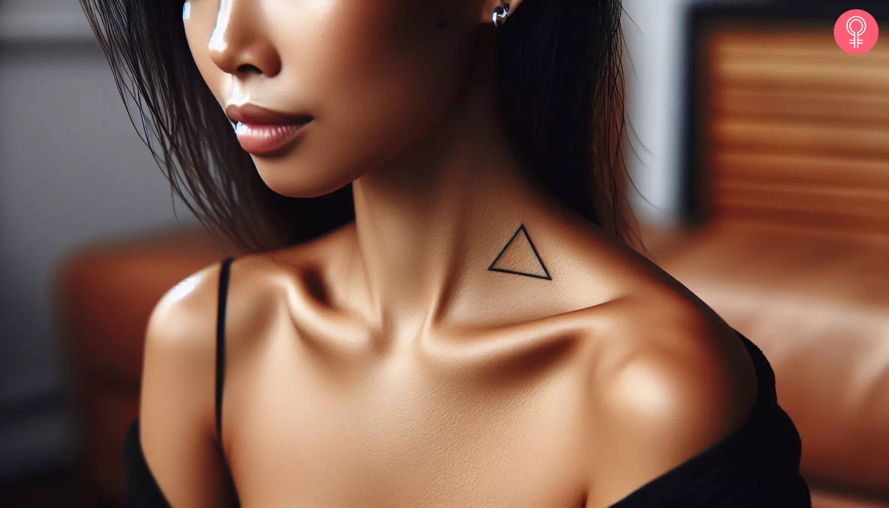 A woman with a triangle tattoo on her upper neck