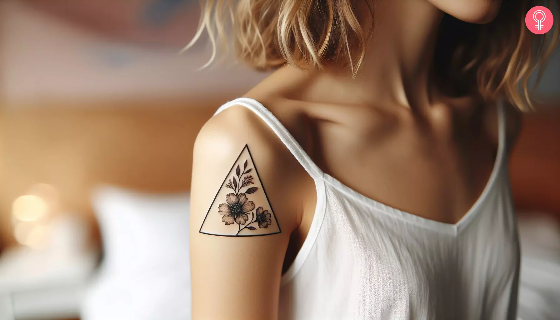 A woman with a triangle tattoo with flowers on her upper arm