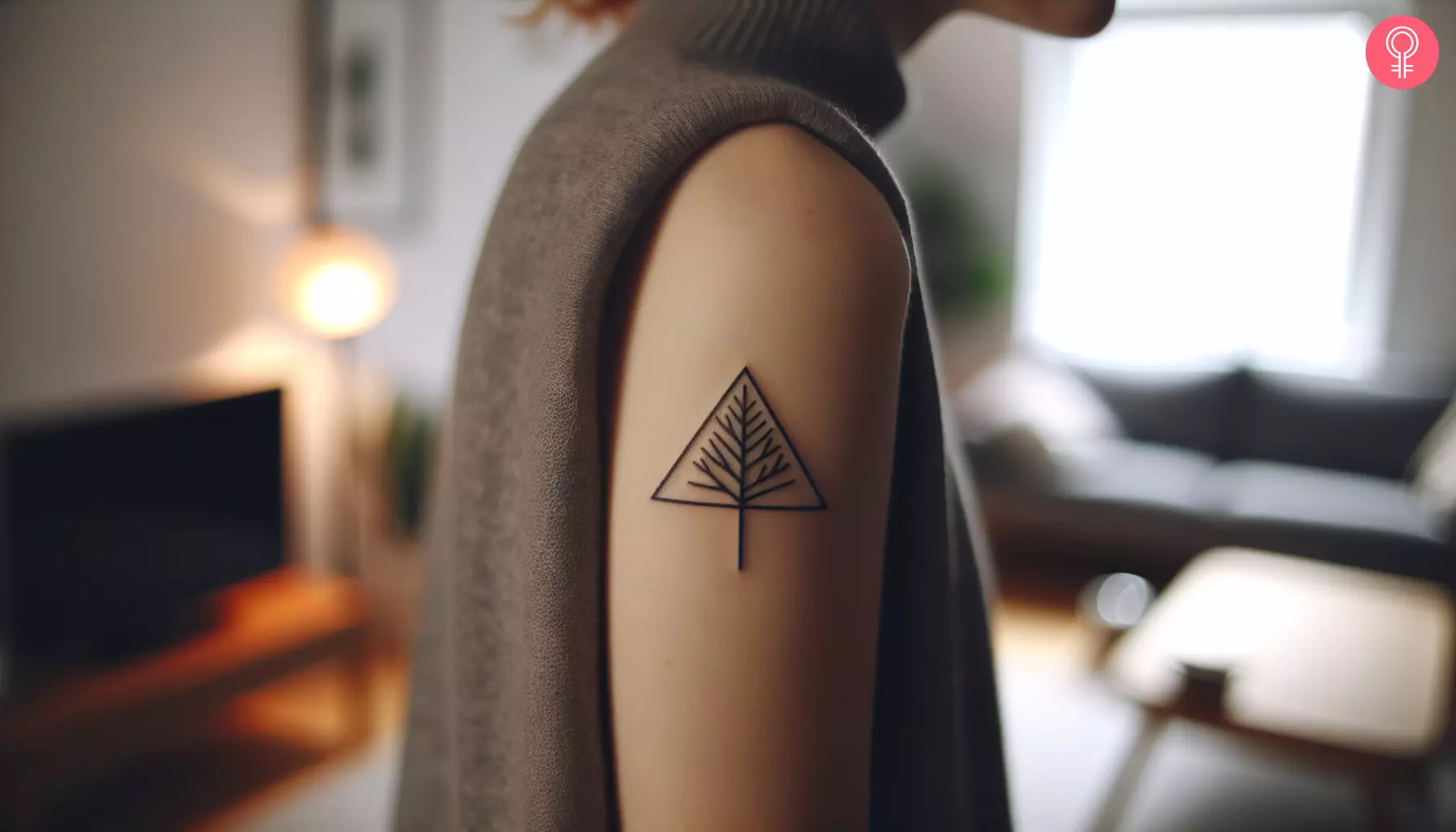 A woman with a triangle tree tattoo on her upper arm