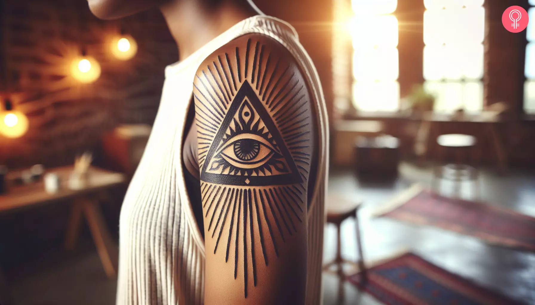 A woman with an All Seeing Eye triangle tattoo on her upper arm