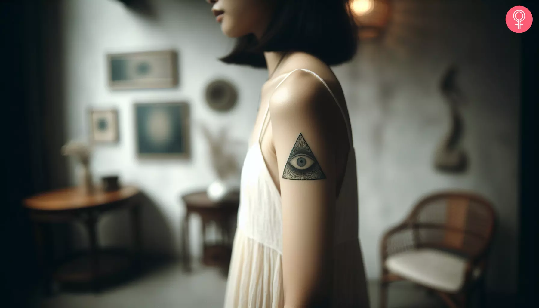 A woman with an evil eye triangle tattoo on her upper arm