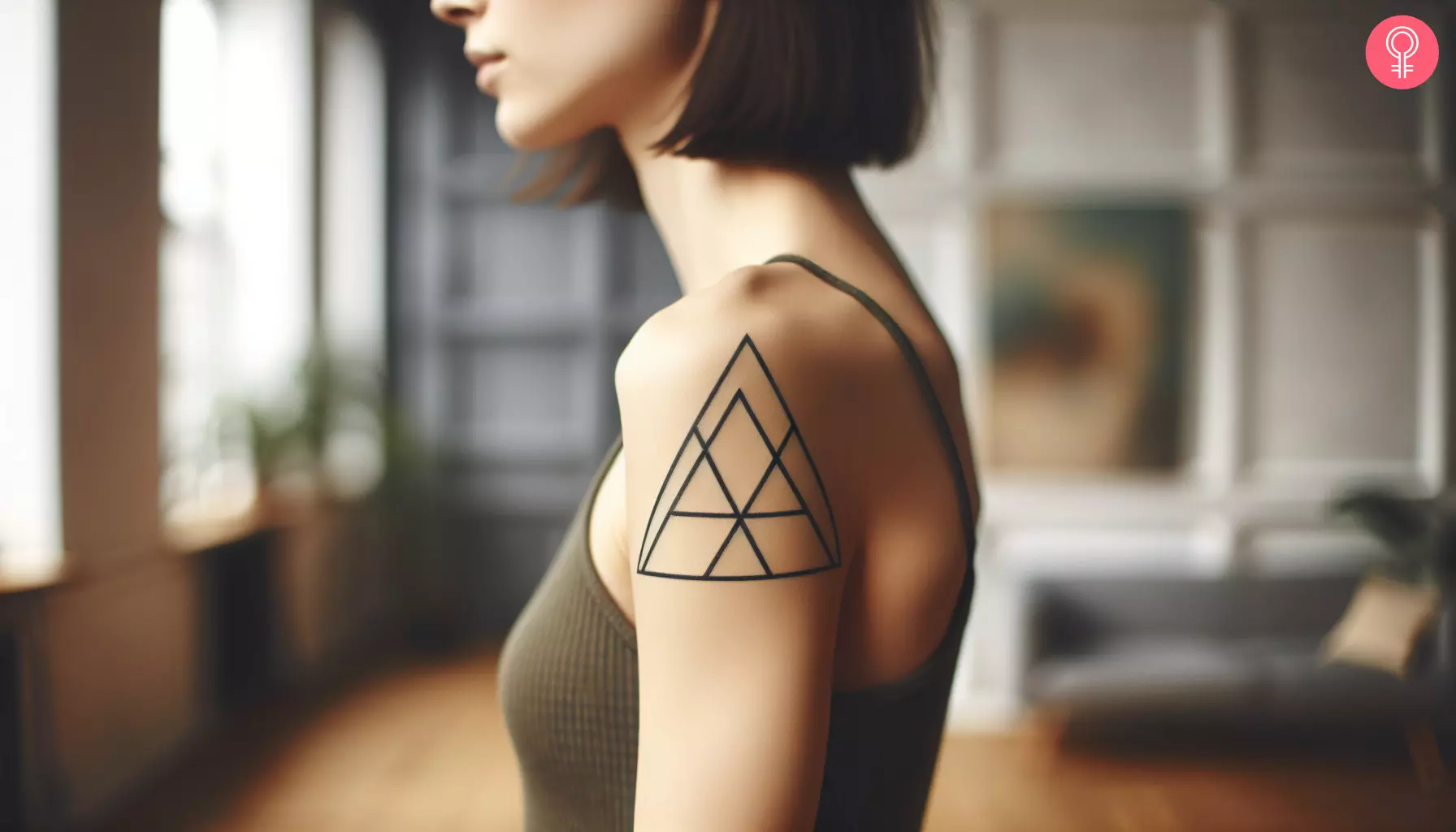 A woman with an overlapping triangle tattoo on her upper arm