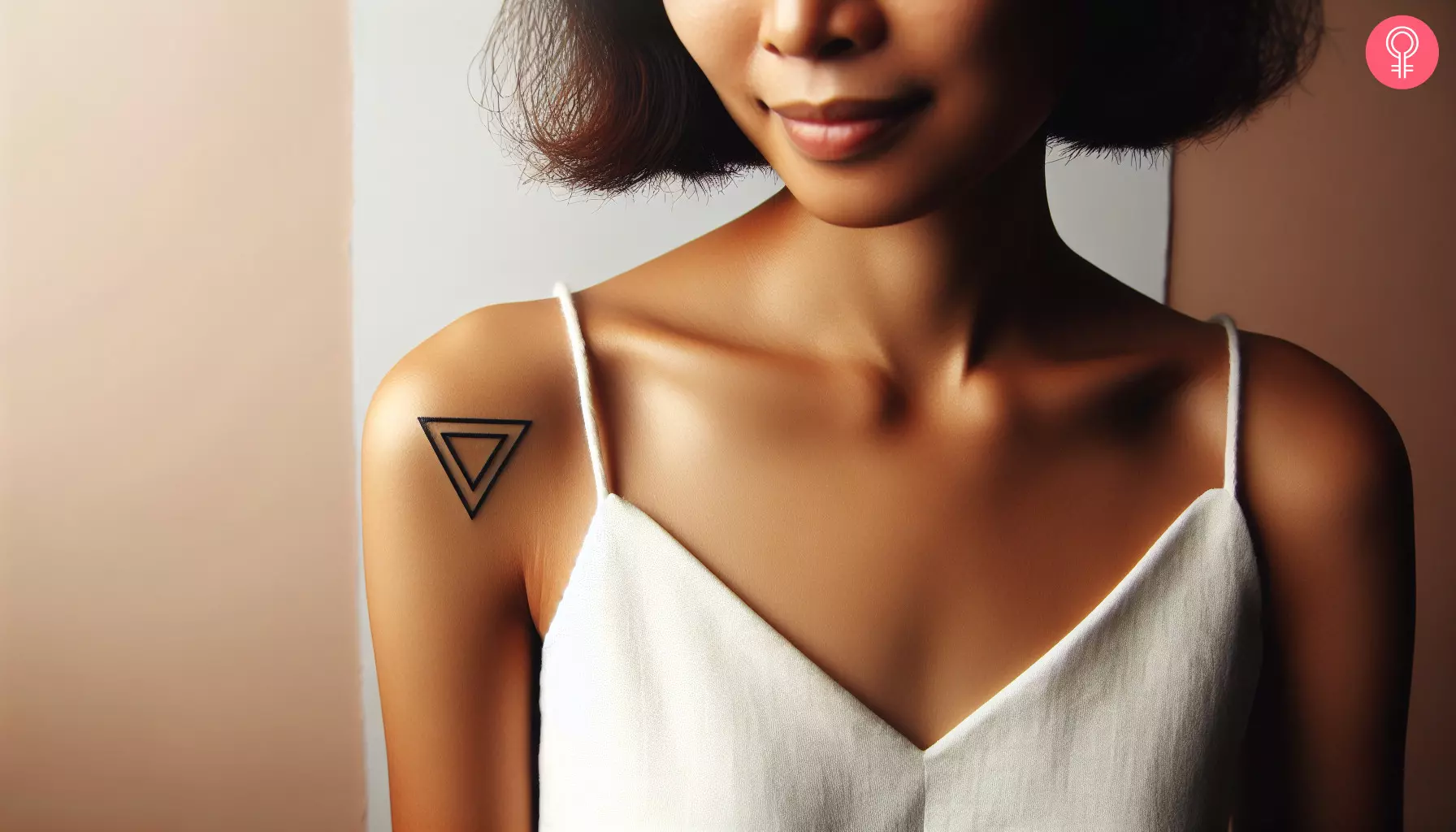 A woman with an upside-down triangle tattoo on her shoulder