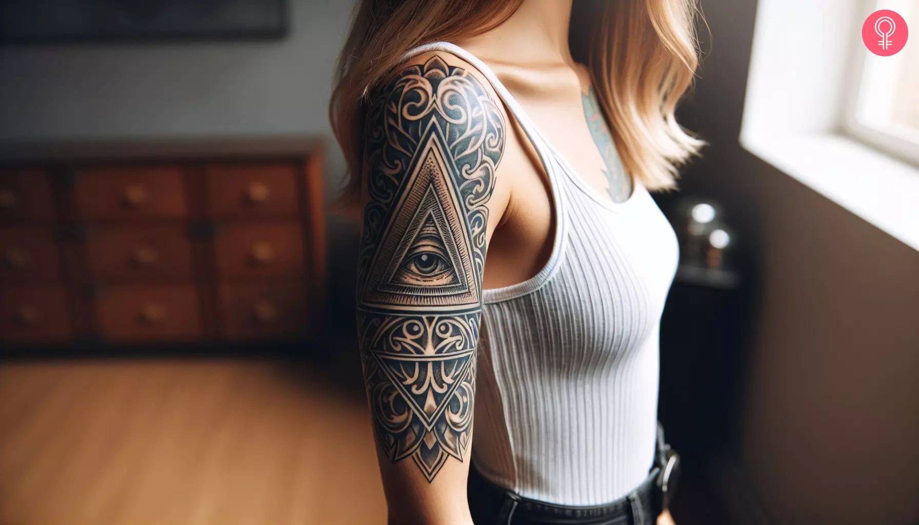 A woman with the Illuminati triangle tattoo on her upper arm