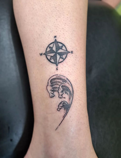 Compass with wave semicolon designer tattoo