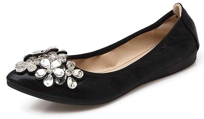 MeeshineWomens Foldable Soft Pointed Toe Ballet Flats Rhinestone