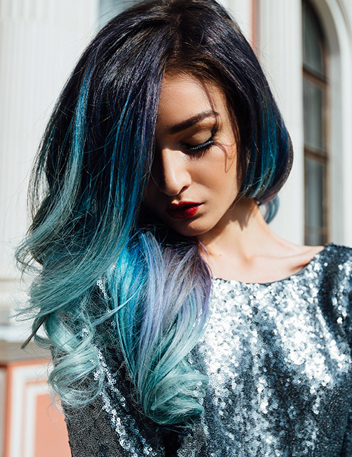 Oceanic hair highlights with hints of blue and purple