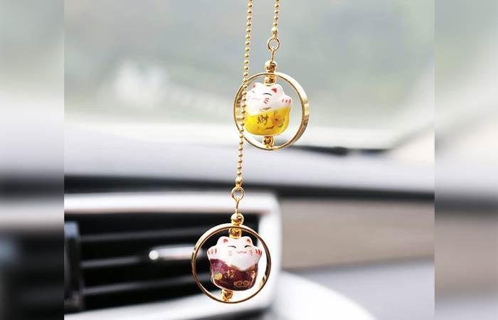 Lucky Cat Car Pendant Porcelain Figurine Car Rearview Mirror