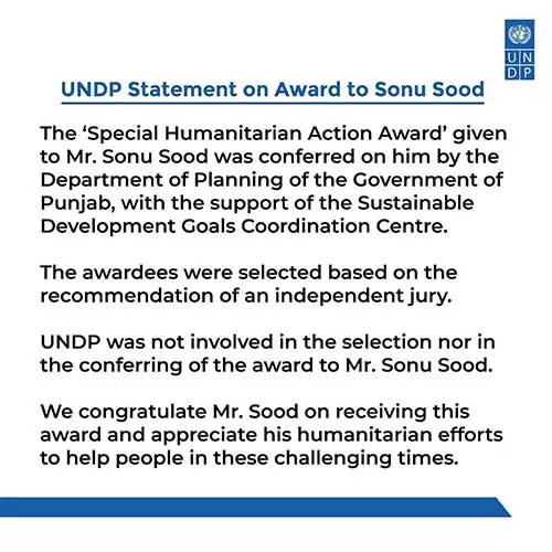 Sonu Sood Receives UNDP's Special Humanitarian Action Award