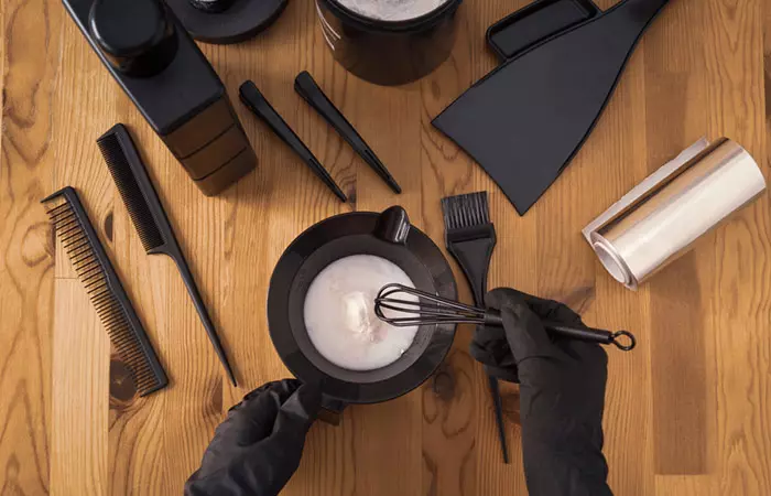 A spread of some useful tools for bleaching black hair