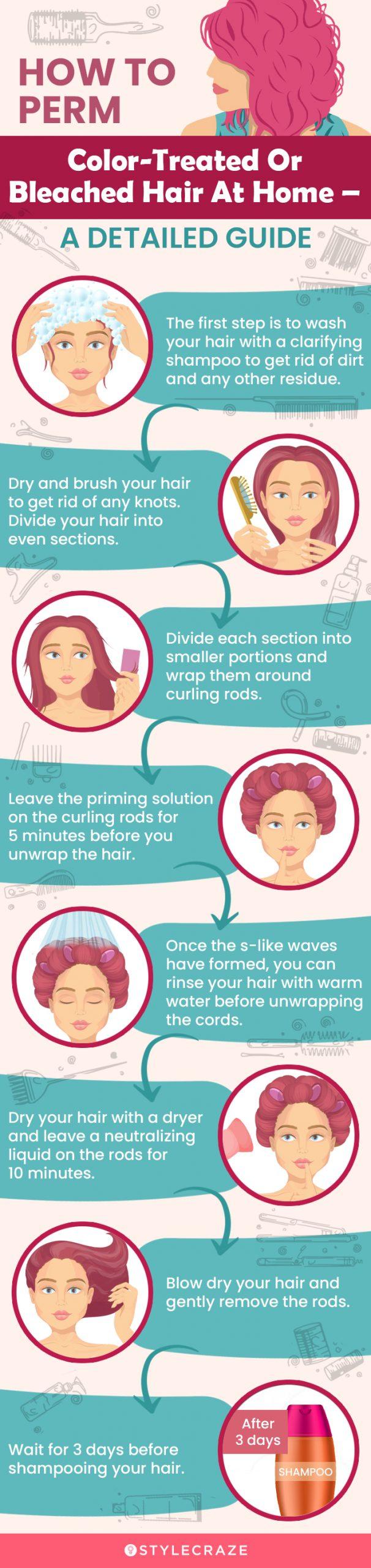 a detailed guide on how to perm color treated or bleached hair at home (infographic)