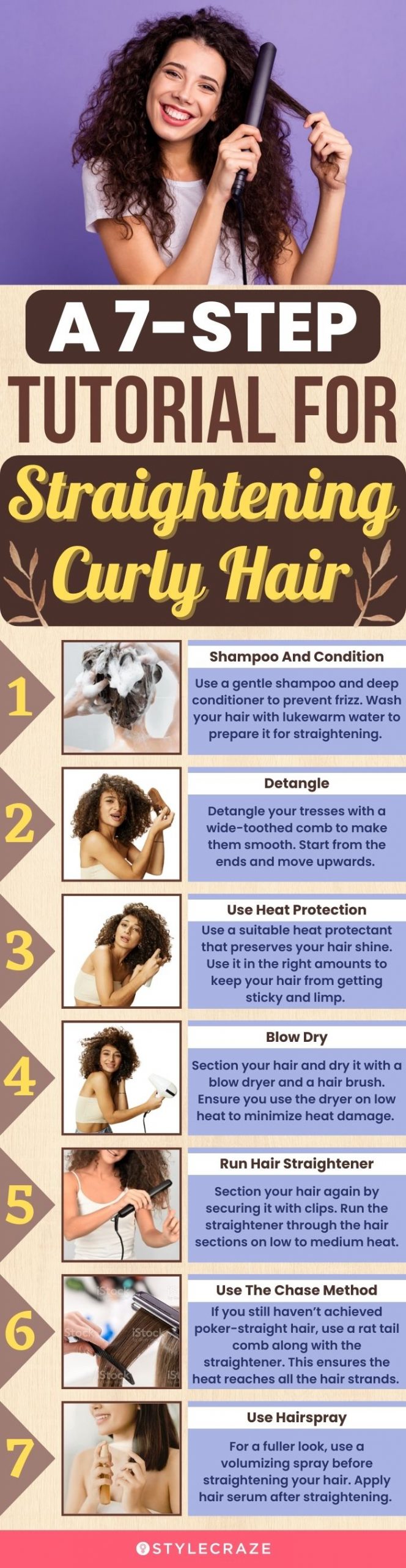 a 7-step tutorial for straightening curly hair (infographic)