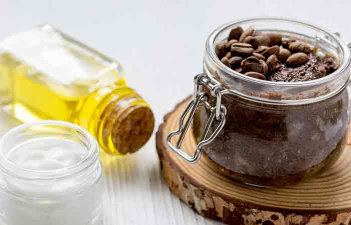 Ground coffee, olive oil, and coconut oil for scalp exfoliation
