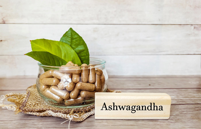 Bowl of ashwagandha oral supplements