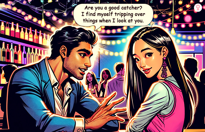 A comic illustration of a man using a cheesy pick up line on a woman at a club