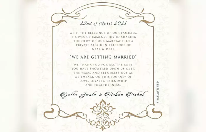 Jwala Katta married Vishnu Vishal