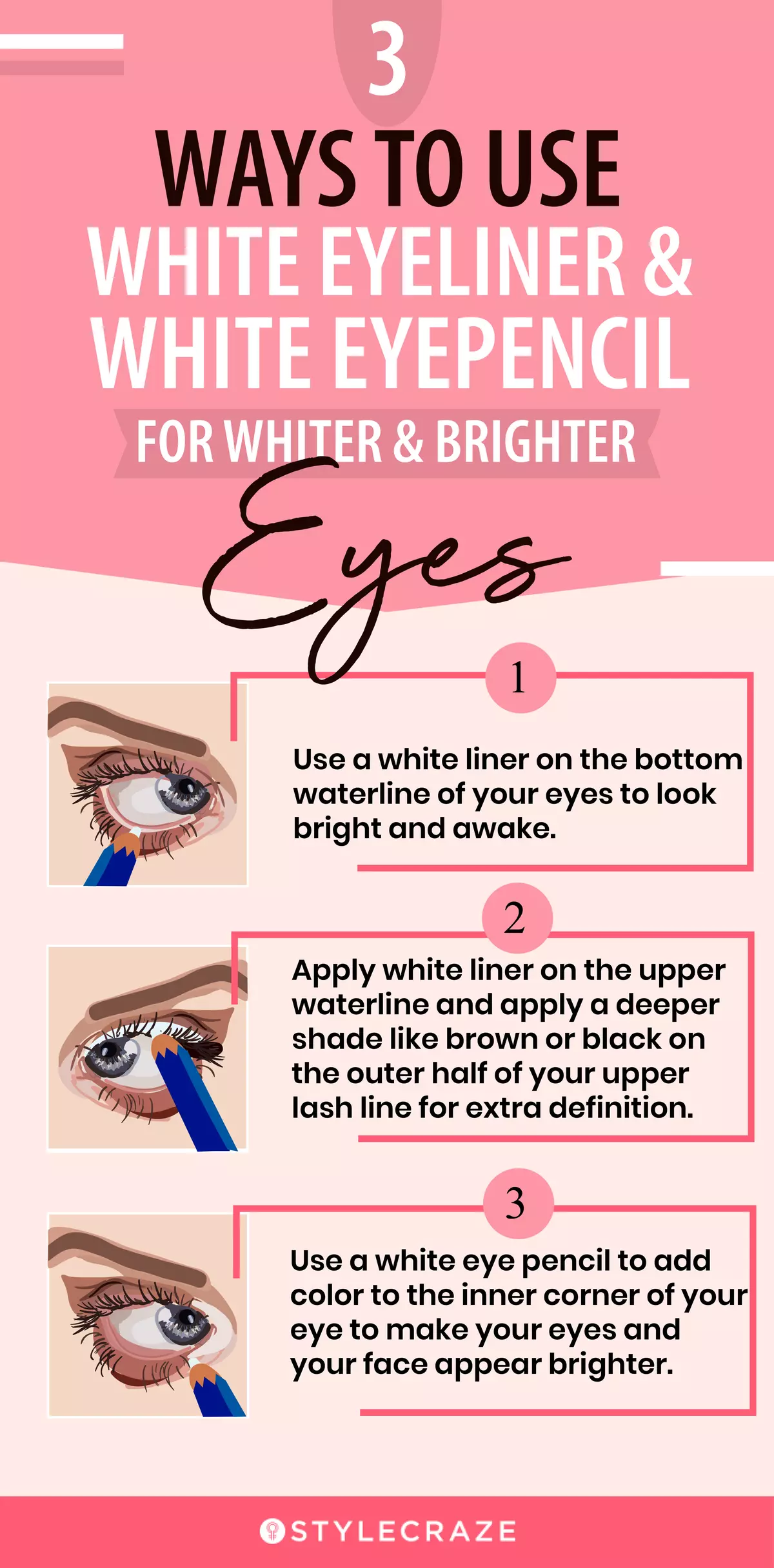3 ways to use white eyeliner and white eyepencil for whiter and brighter eyes (infographic)