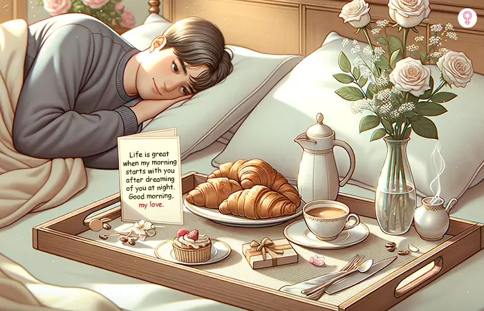 Man wakes up to a touching good morning message accompanying breakfast in bed