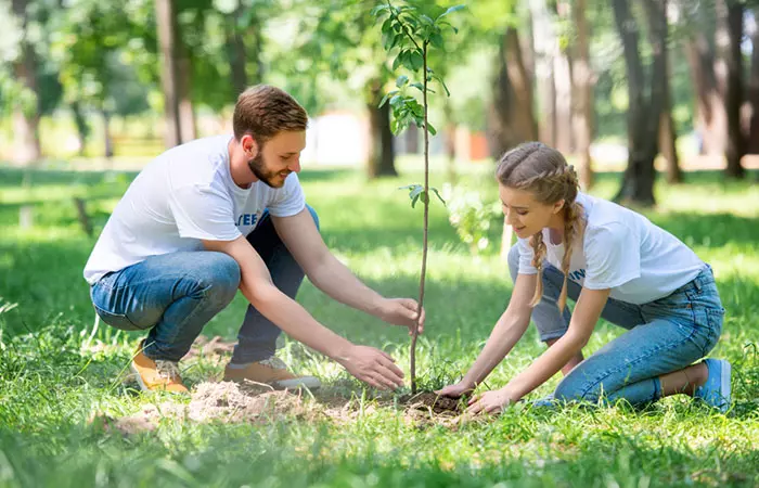 Couple planting a tree together