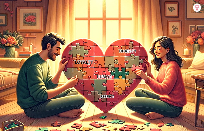 Couple enjoying date night with a heart shaped jigsaw puzzle
