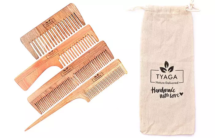 Tyaga Handmade Neem Wood Anti-Dandruff Comb with Pure Cotton Pouch