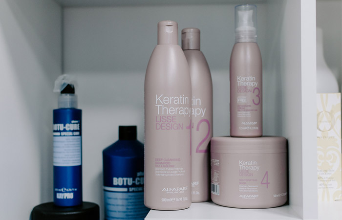 Display of Keratin therapy products for permanent straightening at a salon