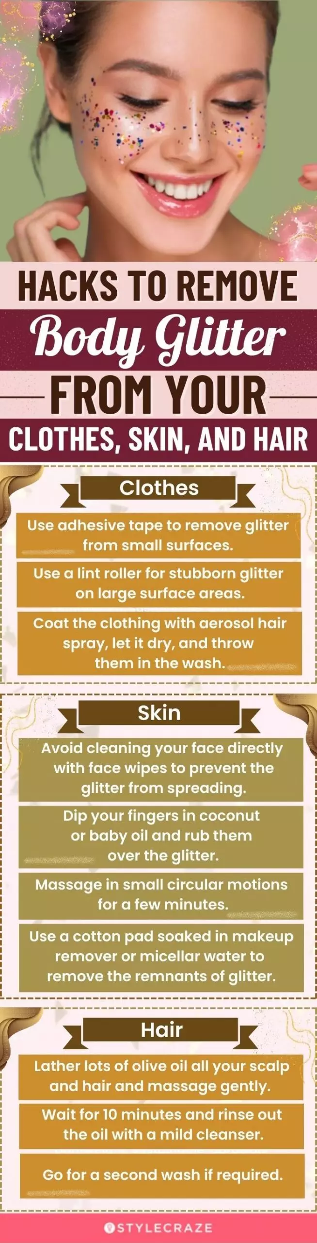 Hacks To Remove Body Glitter From Your Clothes, Skin, And Hair(infographic)