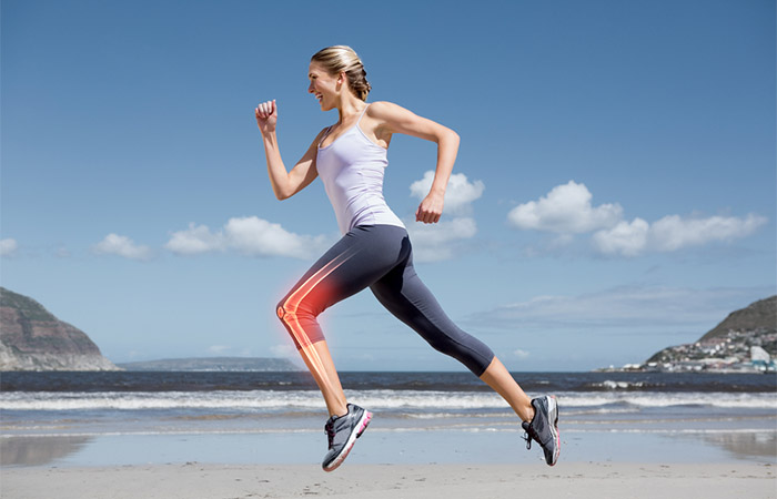 Running woman with highlighted leg bones to show bone strength