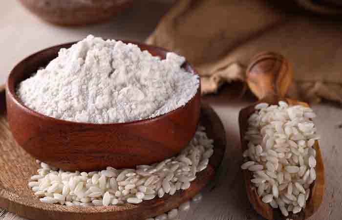 Closeup of rice flour in a bowl for healthy skin