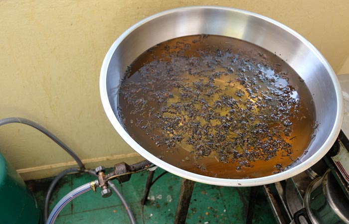 Tea leaves are boiling in water on a stove.