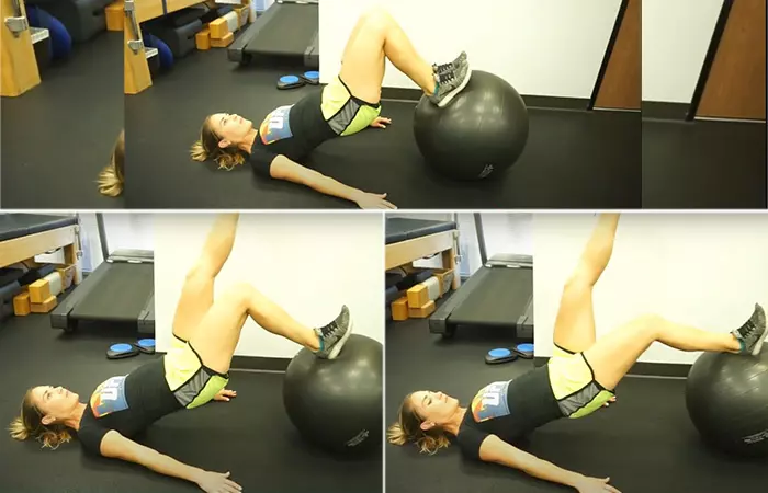 Hamstring strengthening curl exercise with physio ball to reduce leg pain