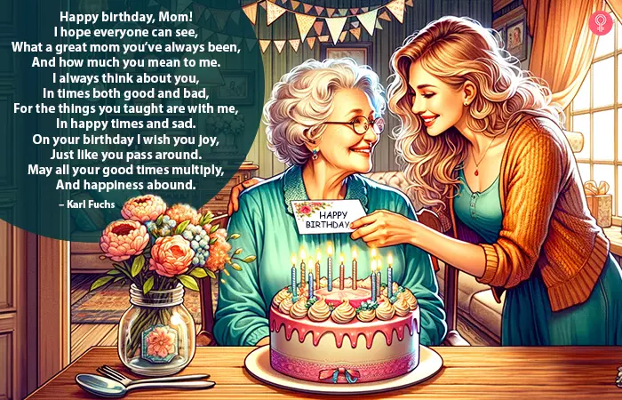 Woman gives her mother a card with a birthday poem