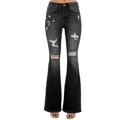 LookbookStore High Waisted Ripped Flare Jeans